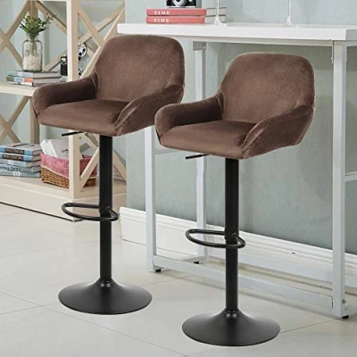 Afbeelding van Supfine Barstoel set van 2 barkrukken fluweel zitting, metalen poten, in hoogte verstelbaar, draaibare keukenkruk, diameter 38 cm basis, rugleuninghoogte: 34 (bruin)