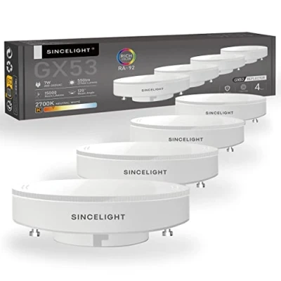 Afbeelding van SINCELIGHT LED GX53 lamp, kastlichtreflector, 7W (equivalent van 50 60W), Warmwit 2700K, aan te passen armatuur, keukenkasten, vitrinekasten en verlichting onder de planken, set 4
