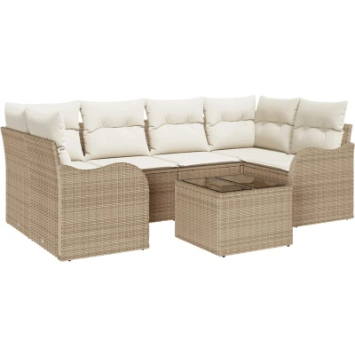 Afbeelding van vidaXL 7 delige Tuinbank Set met Kussens Beige Poly Riet, 2 zits Riet