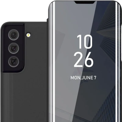 Afbeelding van Cadorabo Hoesje geschikt voor Samsung Galaxy S22 in TOERMALIJN ZWART Clear View Spiegel Beschermende Case met Tribunefunctie 360 Graden Bescherming Book Cover Etui