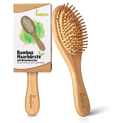 Afbeelding van Bamboe haarborstel van hout met natuurlijke pinnen, pinnen bamboe, ontwarrende borstel, ontwarringsborstel, antistatisch, anti kroes, krulborstel, houten haarborstels, dicht
