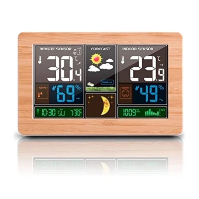 Afbeelding van VORRINC Draadloos weerstation met kleurendisplay, digitale thermometer, hygrometer, binnen en buiten, kamerthermometer, hydrometer, DCF ontvangstsignaal, radioklok, weersvoorspelling, maanfase (hout)