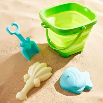 Afbeelding van TLHWIN Strandspeelgoed met emmer 4 stuks, kinderstrandspeelgoed opvouwbare siliconen emmer, schep en zandvormpjes. (groente)