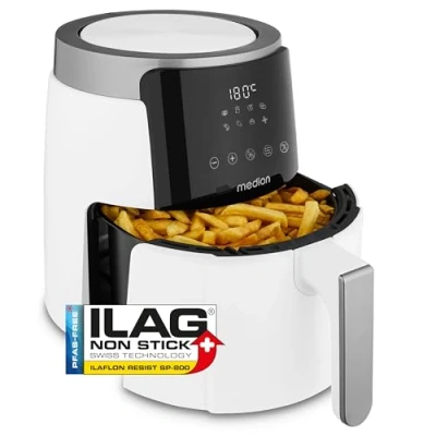 Afbeelding van MEDION Airfryer P40 L (4,7 liter, Heteleuchtfriteuse, 1500 watt, eenvoudige bediening, olievrij frituren, 60 min timer, tot 200 C, antiaanbaklaag, MD13030) wit