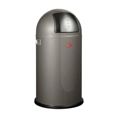 Afbeelding van Wesco Pushboy vuilnisemmer in de kleur grafiet, gepoedercoat plaatstaal, 50 liter volume, grote roestvrijstalen klep, uitneembare binnenbak