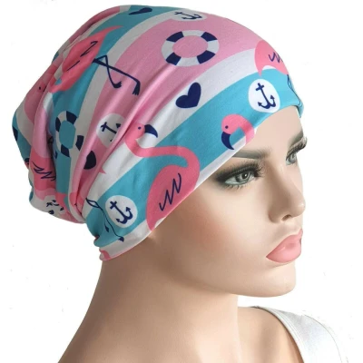 Afbeelding van Chemomuts beanie zomerse print flamengo&#039;s en ankers roze wit blauw maat one size