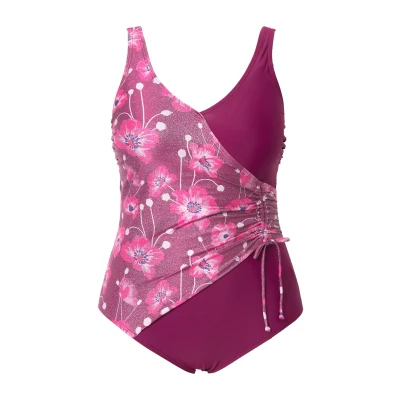 Afbeelding van Ulla Popken Dames grote maten plus size badpak, Alina, wikkelplooien glitterbloemen, purper, 42