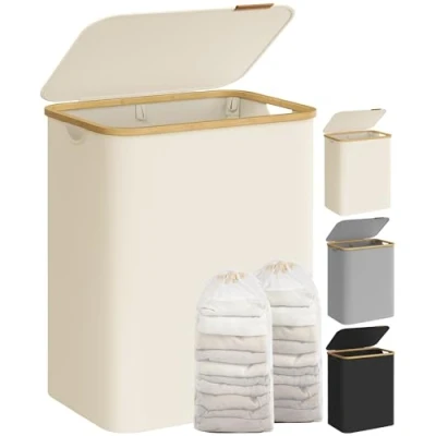 Afbeelding van SONGMICS wasmand 2 vakken 130 l met deksel Opvouwbare afneembare waszak Oxford stof Bamboe handvatten Opvouwbaar 52 x 38,5 70,5 cm Crèmewit LCB513W01