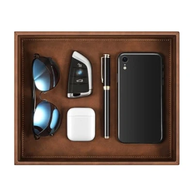 Afbeelding van SITHON Valet Tray Bureau Organiser, PU Lederen Catchall Lade Nachtkastje Ijdelheid Caddy Coin Box Key Sieraden Opslag (Bruin)