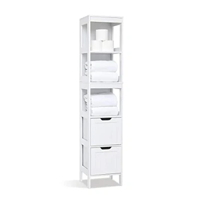 Afbeelding van Mondeer H1071BC07WT badkamerkast, hoge smal, met 2 laden en 3 open planken, 30 x 144 cm, wit, lak, badkamermeubel van MDF, voor badkamer, keuken, woonkamer,