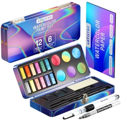 Afbeelding van Chameleon metallic aquarel verf Set van 18, inclusief 12 glitter en 6 kameleon kleuren. Perfecte reis aquarelset voor kunstenaars, hobbyisten schilderliefhebbers.