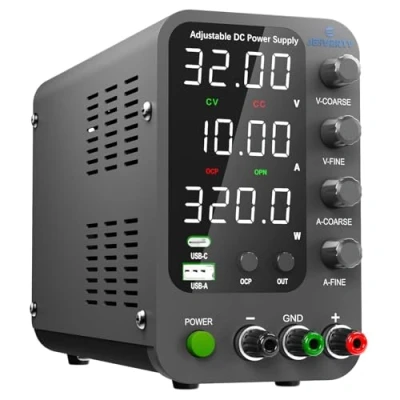 Afbeelding van Laboratoriumvoeding DC voeding variabel, 0 32V 10A instelbare schakeling geregelde bankvoeding met USB en Type C snelladen, encoderknop, uitgang aan/uit schakelaar,4 cijferig LED display Jesverty