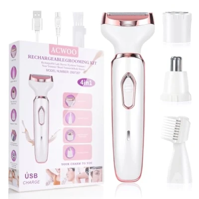 Afbeelding van ACWOO elektrisch ladyshave, draadloos 4 in 1 scheerapparaat voor dames, oplaadbaar pijnloos Bikinitrimmer Nat en droog ontharen gezicht Benen Oksel, neus wenkbrauw