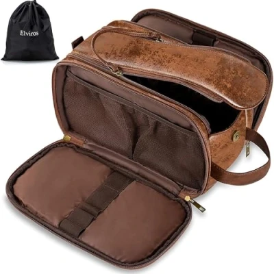 Afbeelding van Elviros Waterbestendige lederen toilettas voor mannen grote reistas scheren Dopp Kit Badkamer Gym Toiletten Make up Organizer met natte droge tas (Donker bruin, 30,5 x 17 18 cm)
