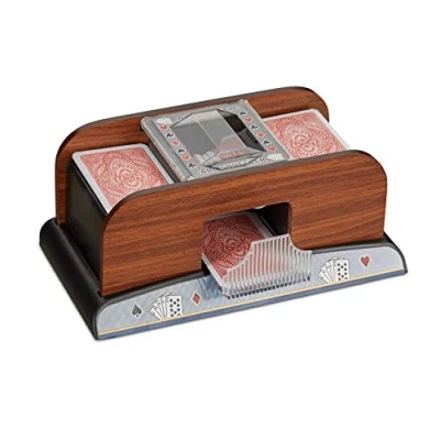 Afbeelding van Relaxdays kaartenschudmachine elektrisch 2 decks schudmachine speelkaarten houtlook