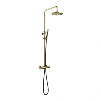 Afbeelding van HotBath Cobber thermostatische regendoucheset met 20cm ronde hoofddouche staafhanddouche messing Geborsteld