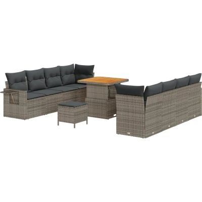 Afbeelding van vidaXL 11 delige Tuin Sofa Set met Kussens Grijs Poly Rattan Acacia, 3 Eettafelset Acacia