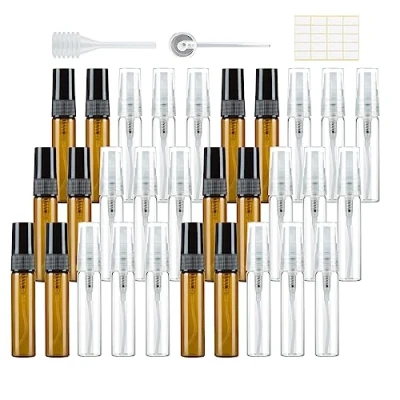 Afbeelding van 30 stuks 5 ml parfumverstuiver, lege spuitfles, glas, klein om te vullen, mini pompzakken, parfumflacon, navulbaar, parfummonsters voor reizen, transparante barnsteen met pipetten, perskop
