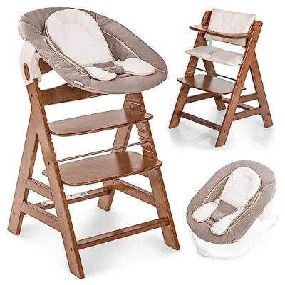 Afbeelding van hauck Kinderstoel Alpha Plus Newborn Set 4 delige Houten Meegroeistoel vanaf de Geboorte incl. Wipstoeltje, Zitkussens en Gordel Walnut