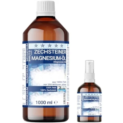 Afbeelding van 1000 ml magnesiumolie + 100 spray premium set 100% zechsteen voor huidmassage sport en spierontspanning spuitfles