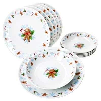 Afbeelding van MamboCat Candyman Tafelservies, 12 delig, porseleinen servies voor 6 personen, met ijsblauwe kerstdecoratie, x diepe soepborden en platte borden