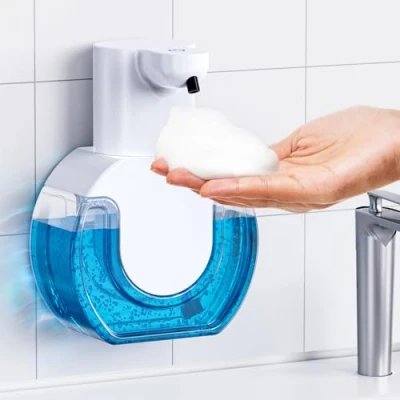 Afbeelding van Amyzavls automatische zeepdispenser zonder aanraking, 420 ml, USB schuimende zeepdispenser, handzeepdispenser, wandmontage voor badkamer, keuken, kantoor en hotel, wit