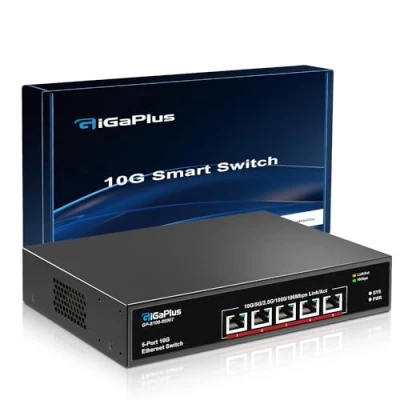 Afbeelding van 5 Port 10Gb Ethernet Switch Unmanaged met x 10G RJ45 Ports, GiGaPlus 10Gbe Network Eenvoudig voor NAS, PC, WiFi7 Routers, NIC/Adapters. 100Gbps schakelcapaciteit. Desktop of 19 inch r