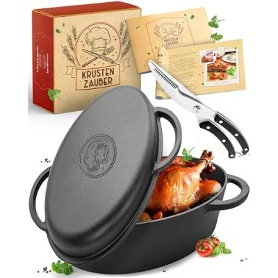 Afbeelding van KRUSTENZAUBER 38 cm ovale gietijzeren braadpan met deksel geschikt voor de oven inclusief vleesvork 9.8L zwart geëmailleerde pot inductie, gas, elektrisch ideaal kerstcadeau
