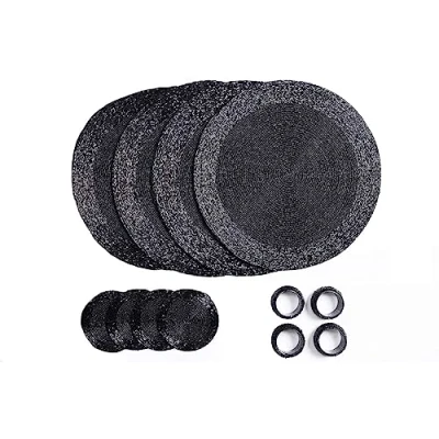 Afbeelding van Penguin Home® Set van 12 glazen kralen Placemats, onderzetters en servetringen zwarte kleur ronde Placemats handgemaakt door bekwame Indiase ambachtslieden Diameter 32 cm (13&quot;)