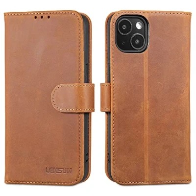 Afbeelding van Lensun iPhone 13 hoes, echt lederen hoes [RFID blokkering] boek met portemonnee magneetsluiting kaartvakken, leren voor 13, retro bruin