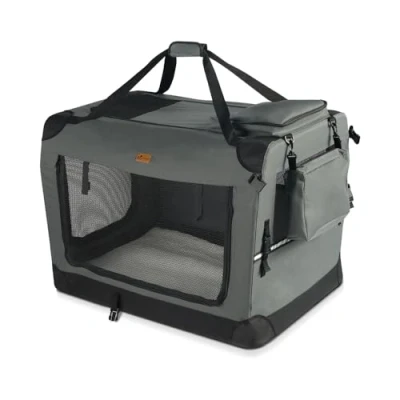 Afbeelding van VOUNOT Opvouwbare draagtas voor honden en katten, transportbox, ademend, met afneembare pluche matras, handdraagbaar/schouderriem, ideaal huisdieren, M, grijs