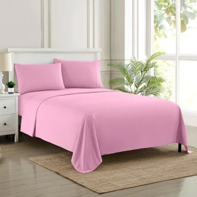 Afbeelding van Sweet Home Collection Luxe beddengoedset met plat hoeslaken, 2 kussenslopen, microvezel, roze, tweepersoons
