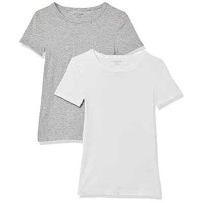 Afbeelding van Amazon Essentials Women&#039;s T shirt met korte mouwen en ronde hals in slanke pasvorm, Pack of 2, Lichtgrijs/Wit, S