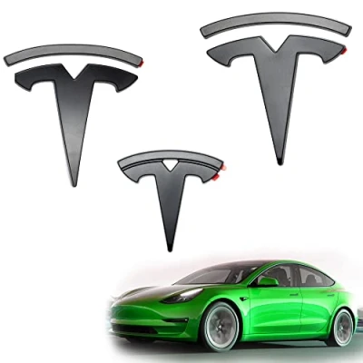 Afbeelding van Shop4EV Mat zwart logo embleemset voor Tesla Model 3 (voor 10/23) delige complete set front, achterklep en stuur