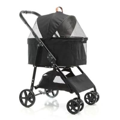 Afbeelding van Fudajo hondenwagen 2 in 1 zwart inklapbare hondenbuggy, kinderwagen voor honden, overdekte buggy met afneembare mand Multistrobe