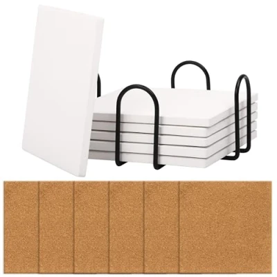 Afbeelding van Belle Vous 6 stuks witte vierkante keramische onderzetters met kurken steunpads en houder 10 x cm/4 4 inch ongeglazuurde blanco onderzettertegels voor doe het zelf ambachten, schilderen,