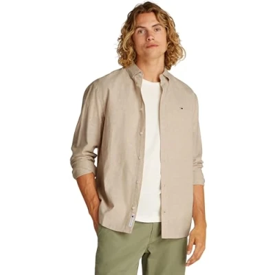 Afbeelding van Tommy Jeans Overhemd Linen Blend Regular Fit Zand S