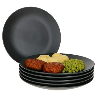Afbeelding van MamboCat Nagano 6 x platte borden, zwart, robuust aardewerk servies voor personen, ontspannend, tijdloos design, set van borden in moderne etnische stijl, aardewerk, mat zwart