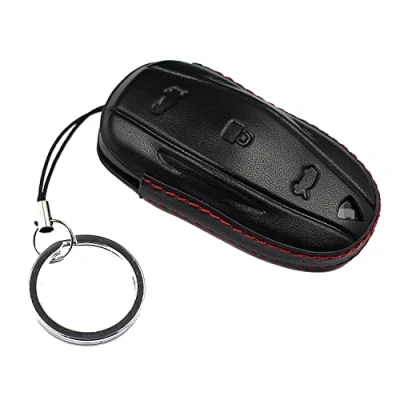 Afbeelding van M.JVisun Echt Leder Sleutelomhulsels Autosleutel Cover Hoesje Voor Tesla Model 3 / S/Voor Y Zwart
