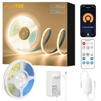 Afbeelding van PAUTIX WiFi COB ledstrip, warmwit, 2700 K, 5 m, 480 leds/m, dimbaar, 24 V, flexibel, CRI90+ helderheid, smart functie met Alexa, RF afstandsbediening en voeding, voor doe het zelf decoratie thuis