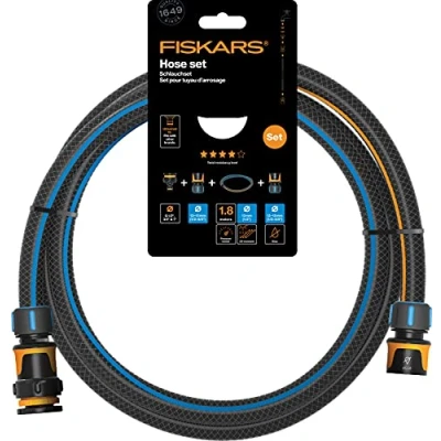 Afbeelding van Fiskars Tuinslangen set voor slanghaspel, met 2 slangkoppelingen en kraanaansluiting Multi, universele maat, verdraaiingsbestendigheid niveau 4 (van 5), 1,8 m, Ø 1,3 1,5 cm (1/2 5/8&#039;&#039;), 1057621
