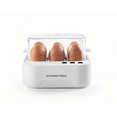 Afbeelding van GOURMETmaxx Pratende eierkoker voor 6 eieren, design met eierprikker, maatbeker en spraakuitvoer, 3 hardheidsgraden perfect gekookte eenvoudige reiniging bediening