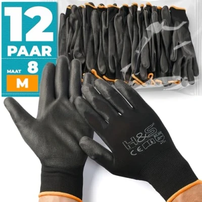 Afbeelding van 12 paar werkhandschoenen van ISC H &amp; S, nylon, PU coating; verkrijgbaar in S klein (7), M medium (8), L large (9), XL x (10), XXL xx (11); naadloos, veelzijdig, zwart