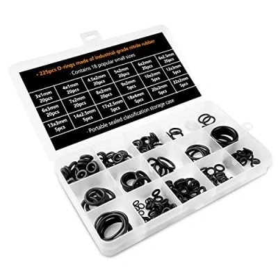 Afbeelding van Fousenuk 225 stuks afdichtringenset, zwart, 18 maten O ring assortiment, rubberen sluitring, afdichtingsset, ringen, afdichtingen van NBR voor sanitair, sifon, spoelbak