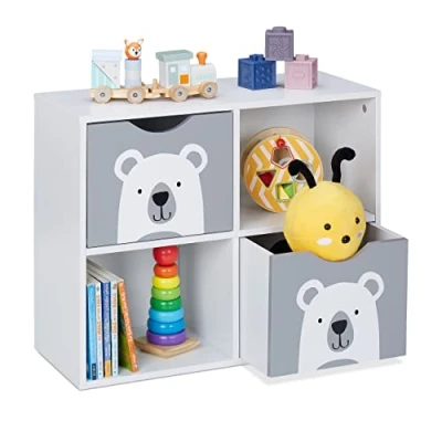 Afbeelding van Relaxdays kinderkast beer, 2 lades, open vakken, H x B D: 48 60 24,5 cm, kinderboekenkast, speelgoed, wit/grijs