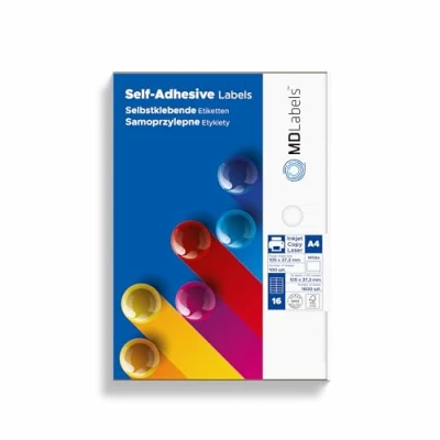 Afbeelding van MDlabels Universele etiketten DIN A4 zelfklevende etiketten, bedrukbaar, wit (105 x 37,7 mm, 1600 etiketten)