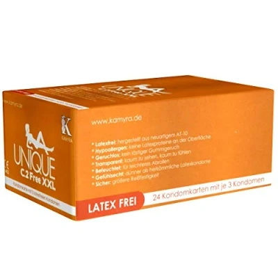 Afbeelding van Kamyra Unique C.2 Free XXL, grote latexvrije condooms gemaakt van AT 10, hypoallergeen, vlakke basis zonder ring, extra dun (0.015mm) en geur, 24 x 3 stuks
