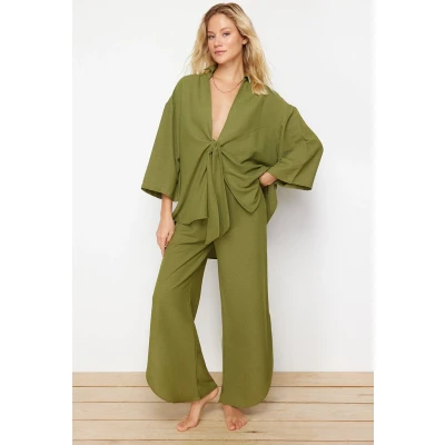 Afbeelding van Trendyol Beige Geweven Geknoopt Linnenmix Overhemd Broek Strandpak Tbess24Au00031