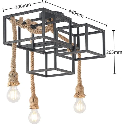 Afbeelding van Lucande plafondlamp 3 lichts staal, draad H: 26.5 cm E27 zandzwart, lichtbruin