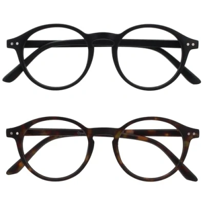 Afbeelding van OPULIZE REY Leesbril 2 Pack Retro Rond Montuur Matzwart, Bruin Schildpadpatroon Heren Dames Veerscharnieren RR56 12 +1.50